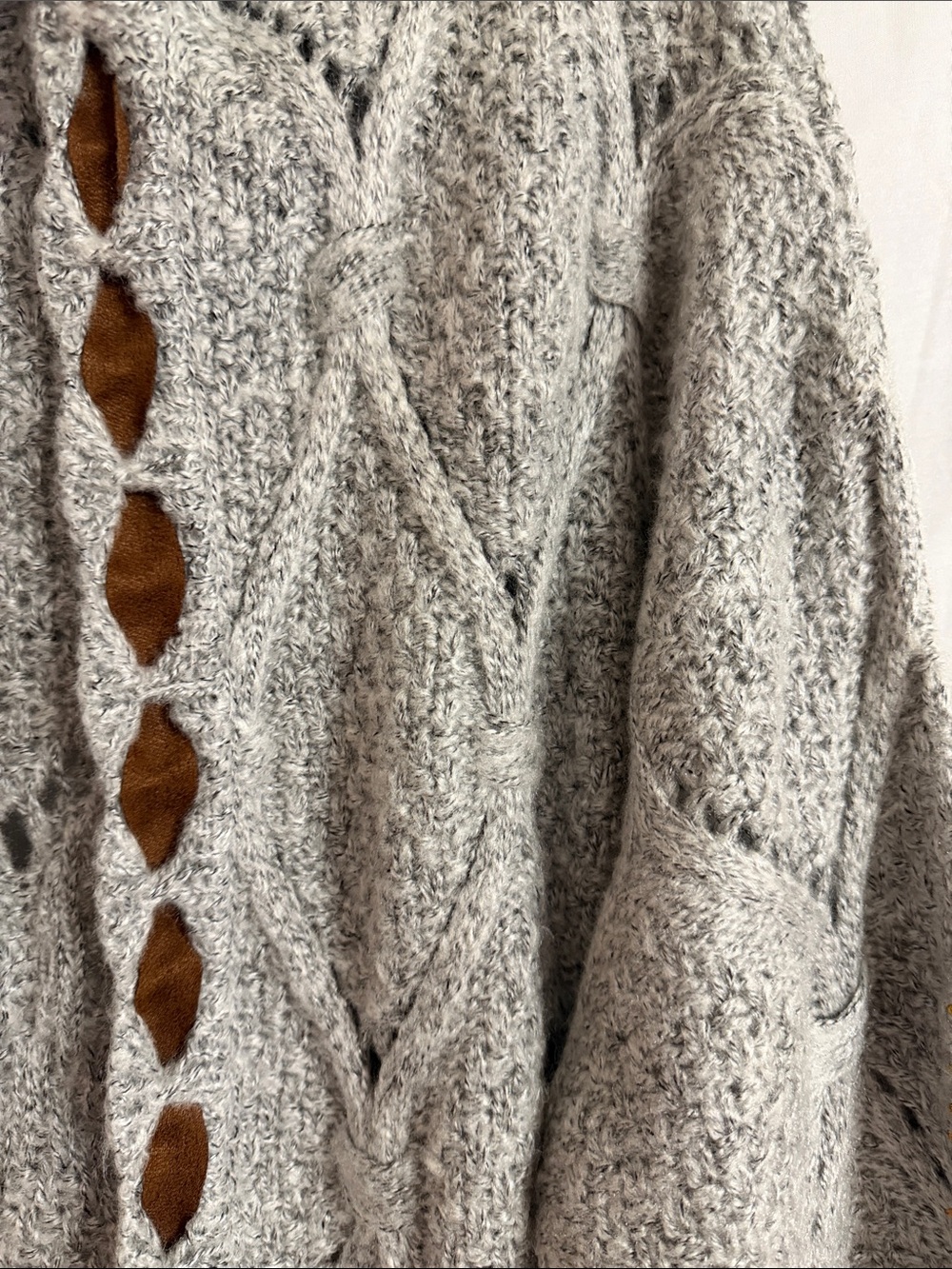 POL Light Gray Open Cable-Knit Cardigan with Brown Elbow Patches - Picture 3 of 16